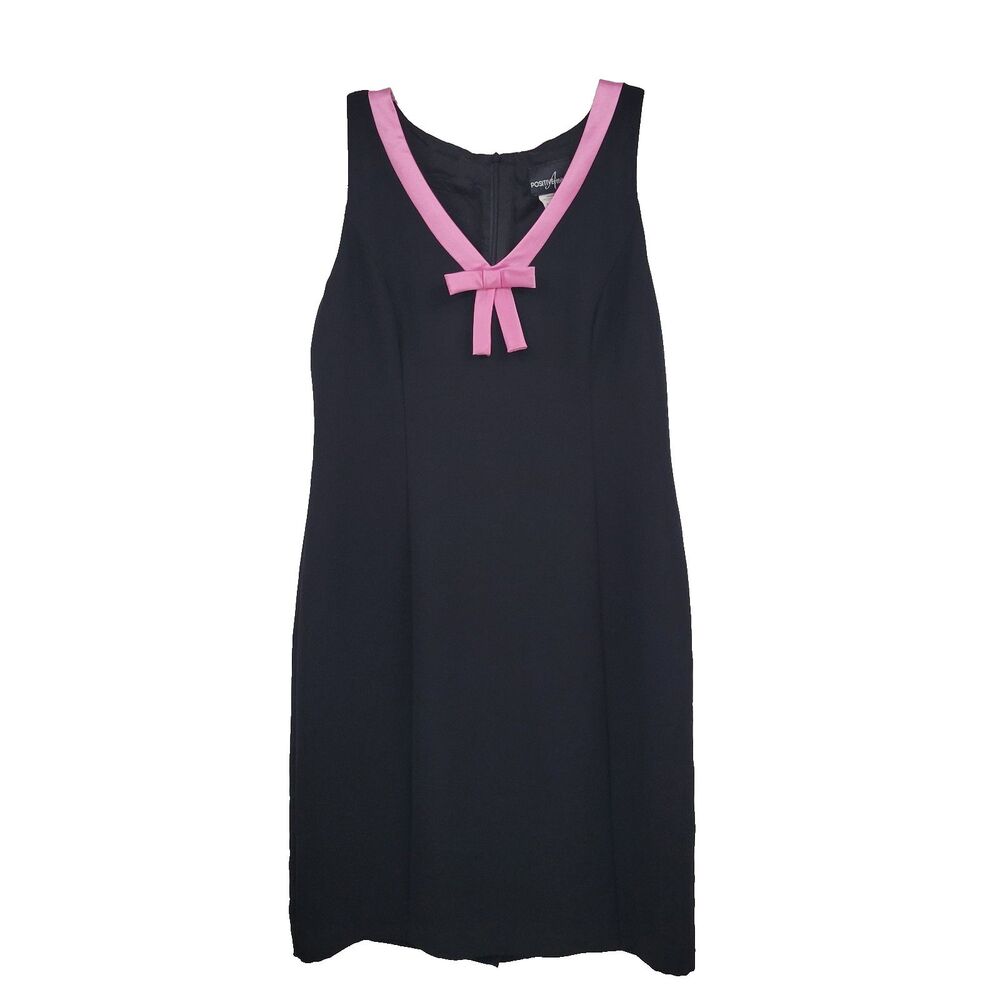 Positive Attitude Womens Sheath Dress Size 10 Black Cute Pink Trim Bow USA Zip